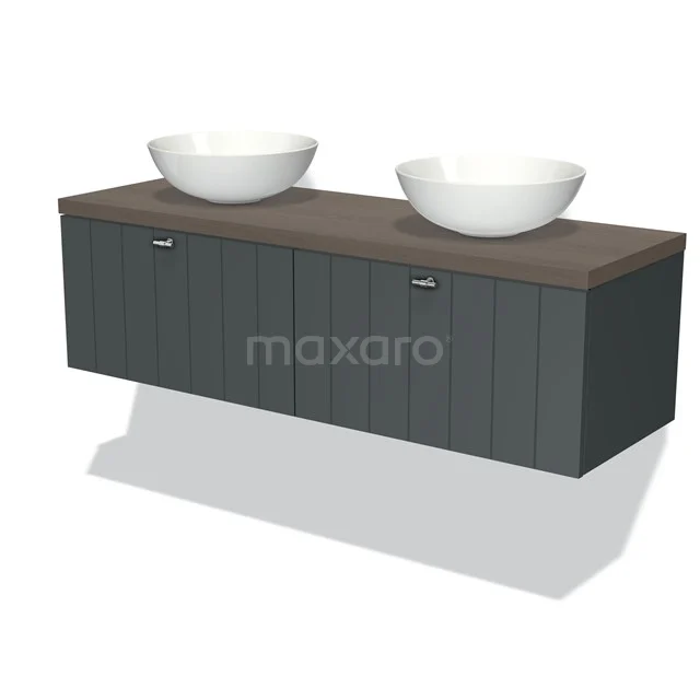 Grey wooden bathroom unit with double countertop wash basin, modern design, ideal for a stylish and functional bathroom.