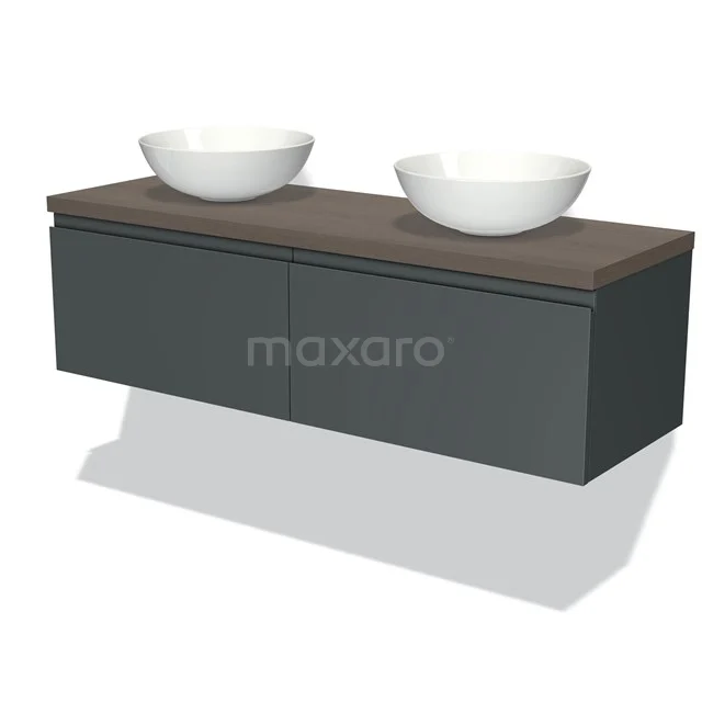 Modern grey-coloured bathroom unit with wood-look worktop and double white countertop wash basins, perfect for stylish bathroom design.