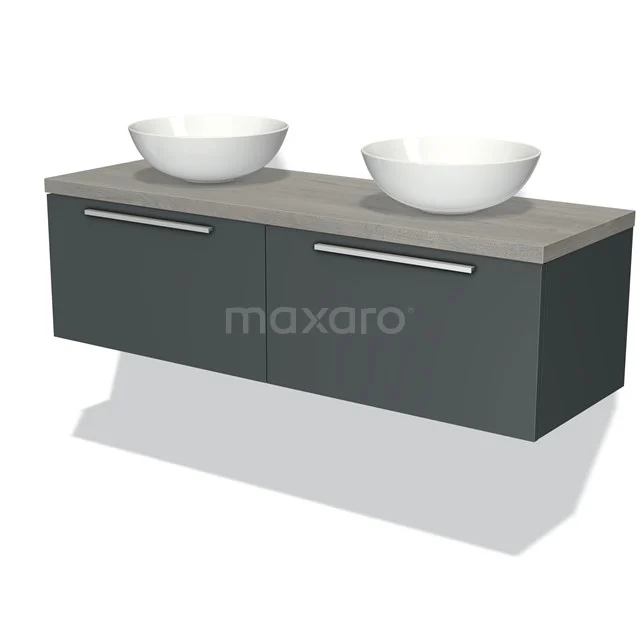 Grauer Badschrank mit Holzlook Platte, doppeltem Aufsatzwaschbecken und silbernen Haltegriffen, modernes Design für ein stilvolles Badezimmer.