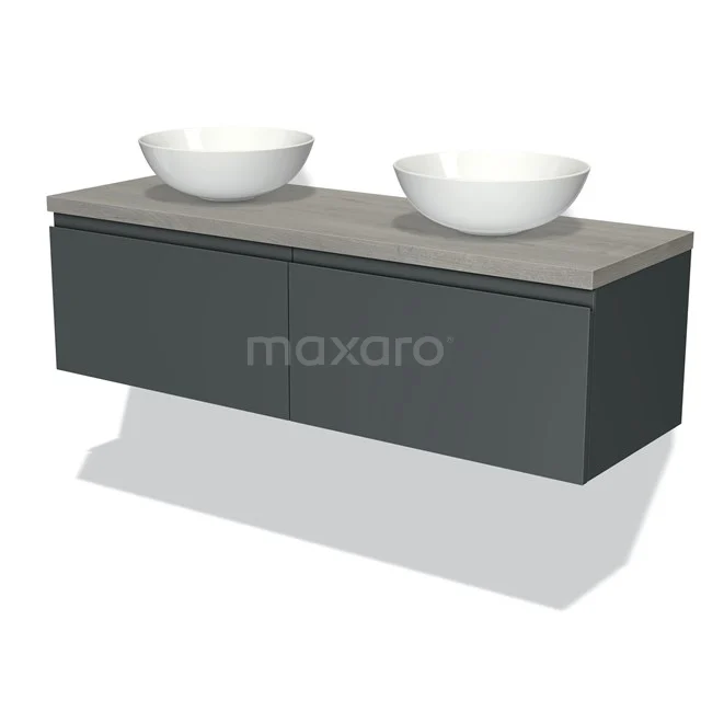 Graues hängendes Badmöbel mit Betonlook Platte und zwei weißen runden Aufsatzwaschbecken, modernes Design für stilvolle Bäder.