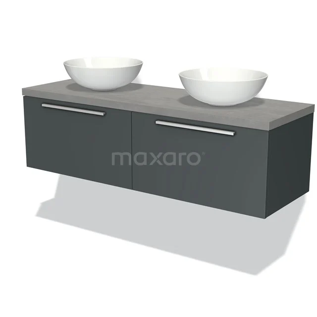 Schwarzes schwebendes Badmöbelset mit doppelten weißen Aufsatzwaschbecken und grauer Marmoroberfläche, ideal für moderne Bäder.