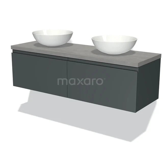 Schwarzes schwebendes Badezimmermöbel mit Doppelwaschbecken und grauer Platte, modernes Design aus nachhaltigen Materialien.