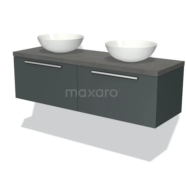 Badmöbel für Waschtischunterschrank mit Konsole 140cm Modulo Plato Dunkelgrau 2 Schubladen Flach Dunkelgrauer Beton Platte BMK12-00709 Dunkelgraue schwebende Badmöbelset mit zwei weißen, runden Aufsatzwaschbecken und silbernen Haltegriffen, modernes Design.