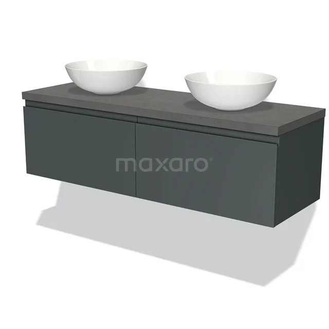 Dunkelgraues hängendes Waschtischmöbel mit 2 weißen runden Aufsatzwaschbecken, schlichtes Design ideal für moderne Bäder.