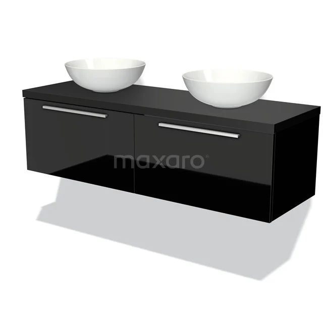 Schwarze Badmöbel mit glänzender Oberfläche und Doppelwaschbecken, modernes Design für ein stilvolles Badezimmer.