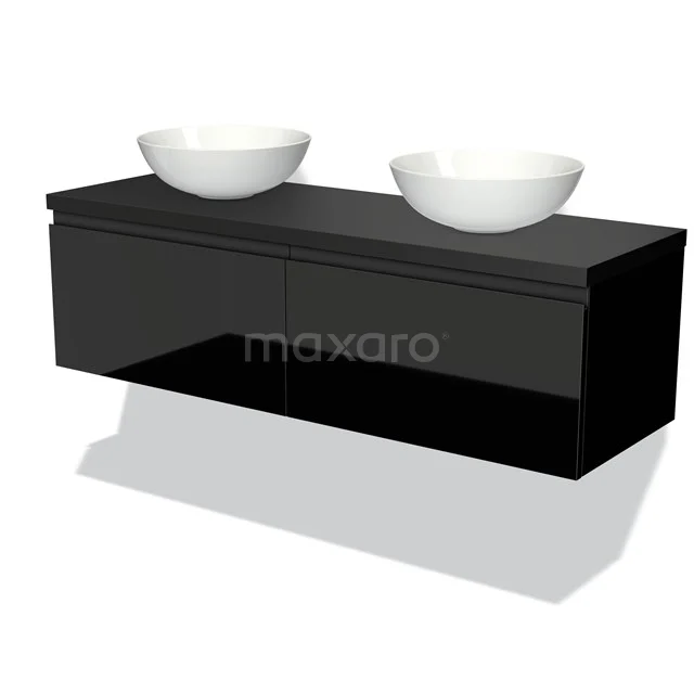 Schwarzes hängendes Badmöbel mit zwei weißen ovalen Aufsatzwaschbecken, moderne Verarbeitung und minimalistisches Design.