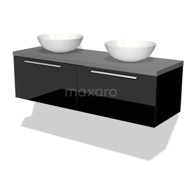 Schwarze Badmöbelset mit Doppelwaschbecken, keramischen Schalen und grauer Oberseite. Modernes Design für stilvolle Bäder.