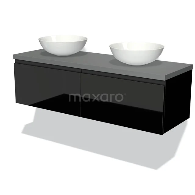 Modulo Plato Vanity units for countertop basin | 140 cm High-gloss black Handle-less front Mid grey worktop 2 Side-by-side drawers BMK12-00717