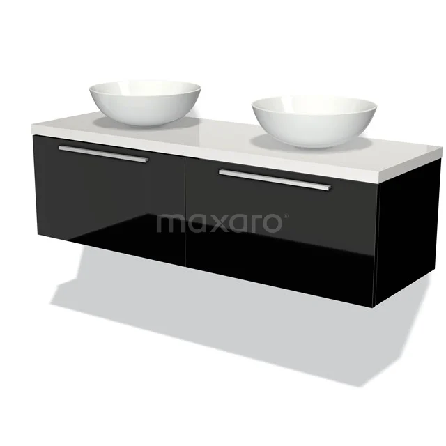Schwarze Badmöbelset mit doppelten Aufsatzwaschbecken, glänzender Oberfläche und schlankem Design; perfekt für moderne Bäder.