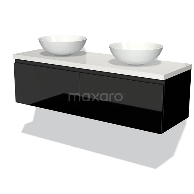 Modulo Plato Vanity units for countertop basin | 140 cm High-gloss black Handle-less front High-gloss white worktop 2 Side-by-side drawers BMK12-00720