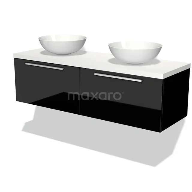 Schwarzes schwebendes Badezimmermöbel mit Doppelwaschbecken und weißer Platte, modernes Design aus glänzendem Material.