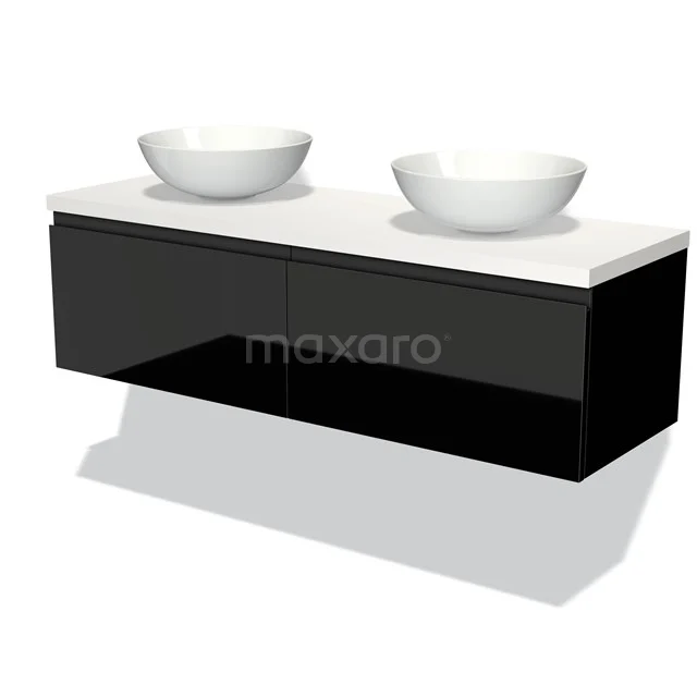 Schwarzes schwebendes Badmöbel mit zwei weißen runden Aufsatzwaschbecken und einem klaren Design, ideal für ein modernes Badezimmer.