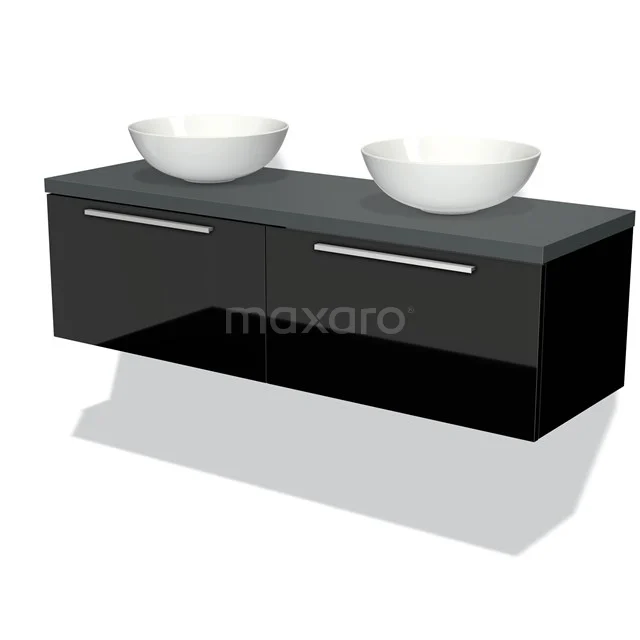 Waschtischunterschrank mit Konsole 140cm Modulo Plato Hochglanz Schwarz 2 Schubladen Flach Dunkelgrau Platte BMK12-00724 Schwarze Badmöbel mit zwei weißen runden Aufsatzwaschbecken, glänzender Oberfläche und modernen chromfarbenen Haltegriffen.