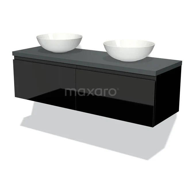 Modulo Plato Badmöbel mit Aufsatzwaschbecken | 140 cm Hochglanz Schwarz Grifflos front Dunkelgrau blatt 2 nebeneinanderliegende Schubladen BMK12-00726 Schwarze Badmöbelset mit hängendem Design, Doppelwaschbecken und Glasplatte, ideal für moderne Badezimmergestaltung.