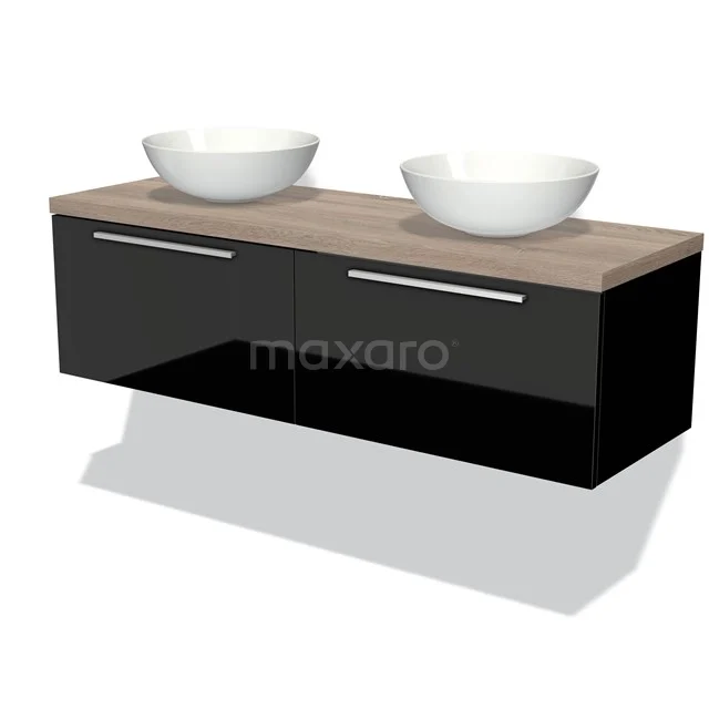Modulo Plato Badmöbel mit Aufsatzwaschbecken | 140 cm Hochglanz Schwarz Flach front Eiche blatt 2 nebeneinanderliegende Schubladen BMK12-00727 Schwarzes schwebendes Badezimmermöbelset mit Holzlook Platte und zwei weißen Aufsatzwaschbecken, modernes und stilvolles Design.