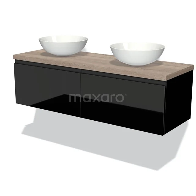 Schwarzes hängendes Badezimmermöbel mit Holzoptik Platte, zwei weißen Aufsatzwaschbecken; modernes Design für ein stilvolles Badezimmer.