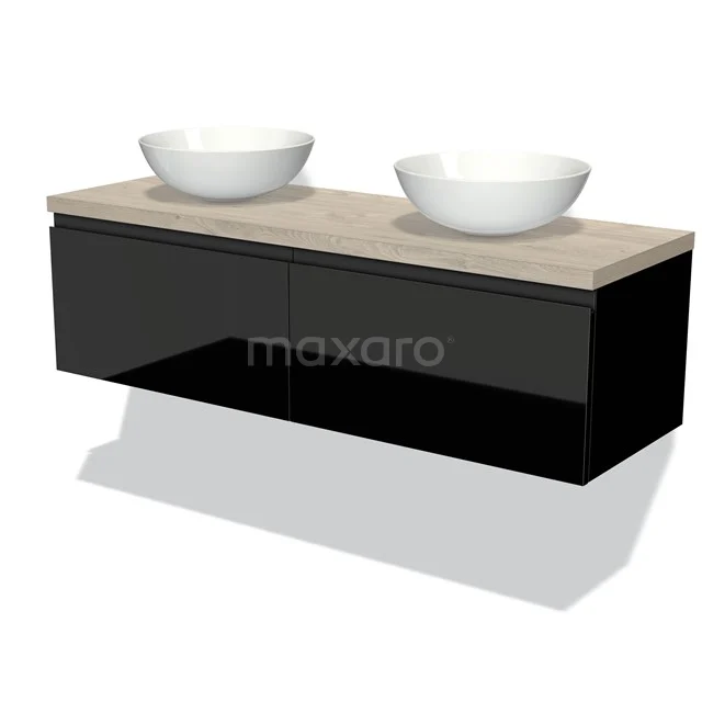 Schwarze Badmöbelset mit Holzoptik Platte und zwei weißen Aufsatzwaschbecken, modernes Design für stilvolle Badezimmer.