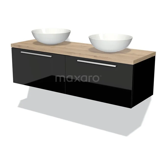 Modulo Plato Badmöbel mit Aufsatzwaschbecken | 140 cm Hochglanz Schwarz Flach front Hellbraune Eiche blatt 2 nebeneinanderliegende Schubladen BMK12-00733 Schwarzes schwebendes Badmöbelset mit Holzfurnierplatte und zwei weißen Aufsatzwaschbecken, modernes Design.