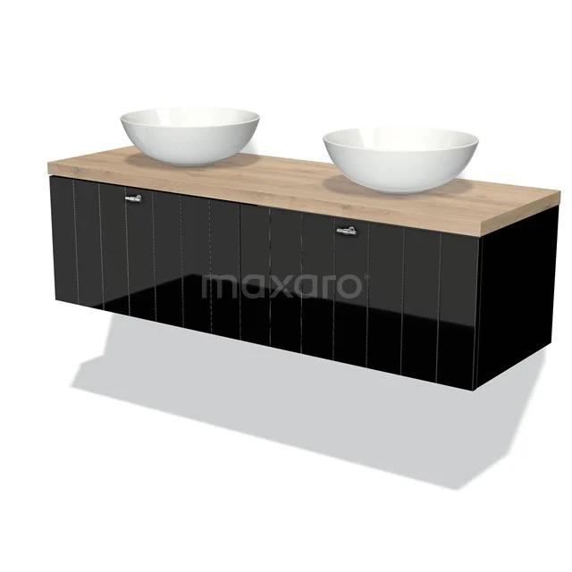 Black wooden double vanity unit with light wooden top and two round white countertop wash basins, ideal for modern bathrooms.