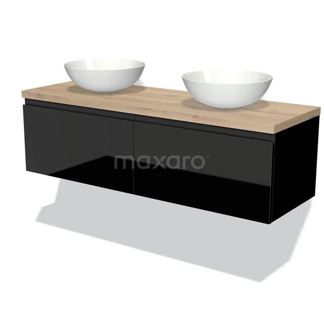 Schwarzes schwebendes Badmöbel mit Holzplatte, zwei weißen runden Aufsatzwaschbecken, modernes Design für luxuriöse Bäder.