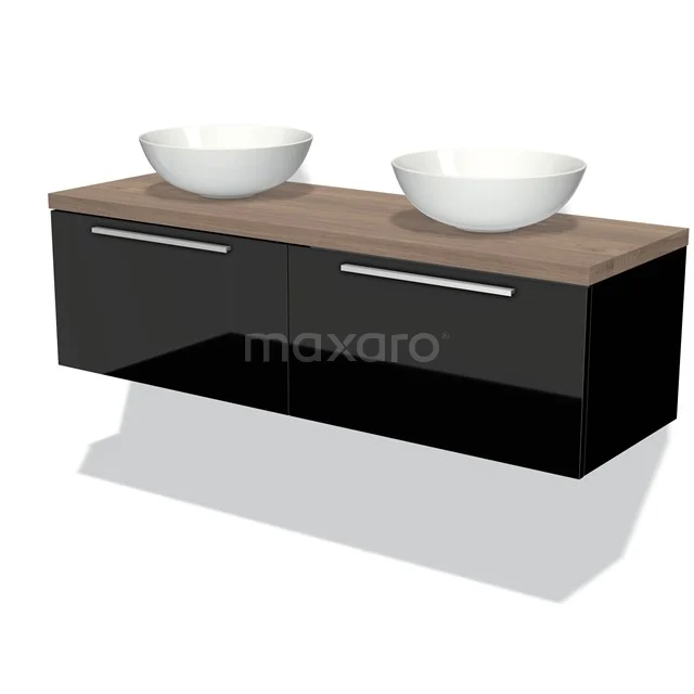 Schwarzes schwebendes Badmöbel mit Holzlook Platte und zwei weißen Aufsatzwaschbecken, modernes Design für stilvolle Bäder.