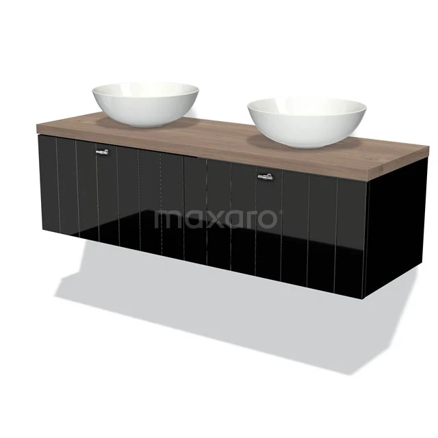 Schwarze Badmöbelset mit Holzoptik Platte und doppelten weißen Aufsatzwaschbecken, modernes Design für luxuriösen Badezimmerstil.