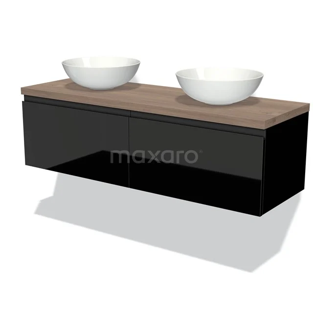 Modulo Plato Vanity units for countertop basin | 140 cm High-gloss black Handle-less front Mid brown oak worktop 2 Side-by-side drawers BMK12-00738