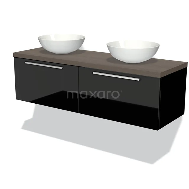 Black bathroom furniture set with wooden worktop and two white countertop wash basins, modern design for stylish bathroom interiors.