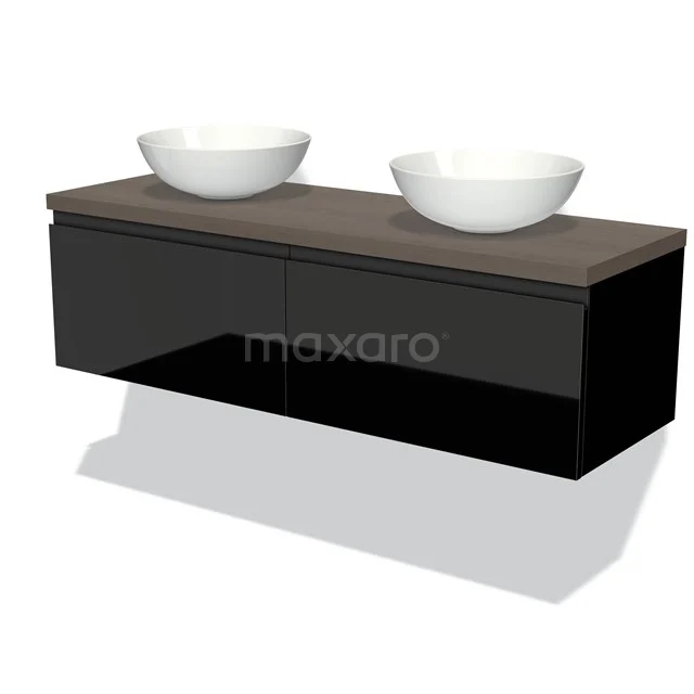 Black floating bathroom cabinet with two white countertop wash basins and wooden worktop, modern design for stylish bathrooms.