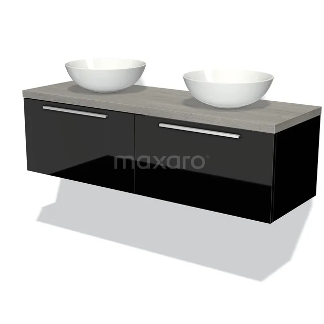 Moderne schwarze Badmöbel mit Hochglanzoberfläche, Doppelwaschbecken und einer Holzoptik Platte. Perfekt für stilvolle Bäder.