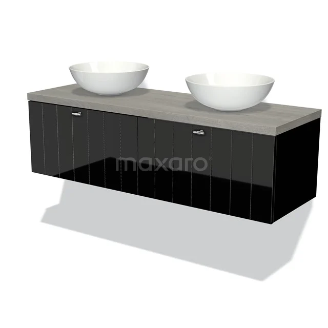Black vanity unit with double countertop wash basin, wood-look worktop and modern design, ideal for stylish bathroom interiors.