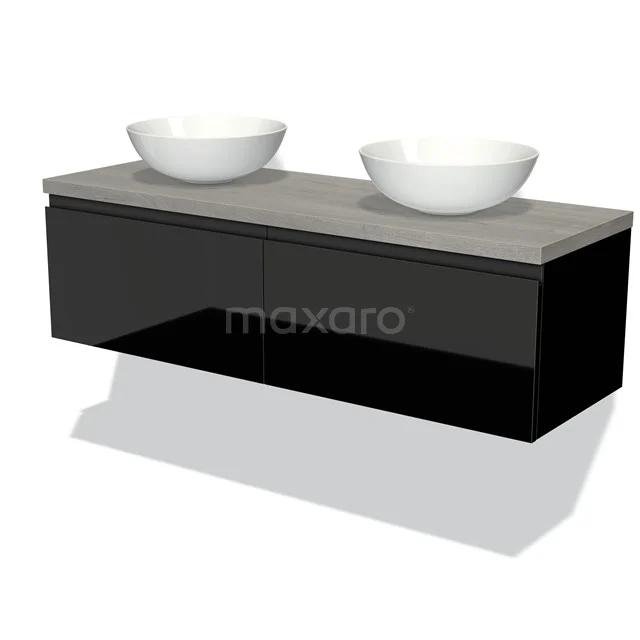 Black floating bathroom cabinet with double countertop wash basins, Grey wooden worktop, modern design for stylish bathroom spaces.