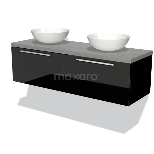 Schwarze schwebende Badmöbel mit Doppelwaschbecken, moderne Designserie, ausgestattet mit einer grauen Betontop.
