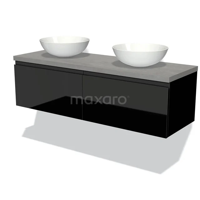 Schwarze Badmöbelset mit zwei weißen Waschbecken, matte graue Platte, modernes Design für stilvolle Badezimmergestaltung.