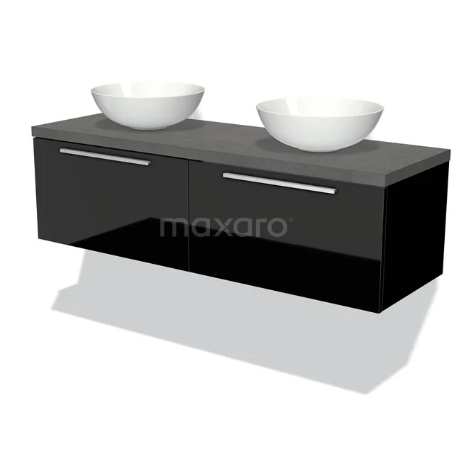 Schwarzes Badmöbel mit doppeltem Aufsatzwaschbecken, Hochglanz-Oberfläche und schlankem Design, ideal für modern eingerichtete Bäder.