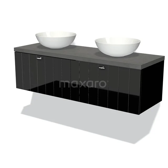 Schwarzes hängendes Badmöbelset mit zwei weißen Aufsatzwaschbecken, schlichtes Design und großzügigen Stauraummöglichkeiten.