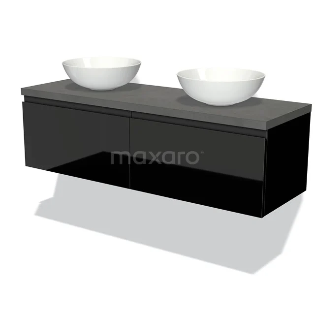 Black floating vanity set with two white countertop wash basins and grey worktop, ideal for stylish bathroom design.