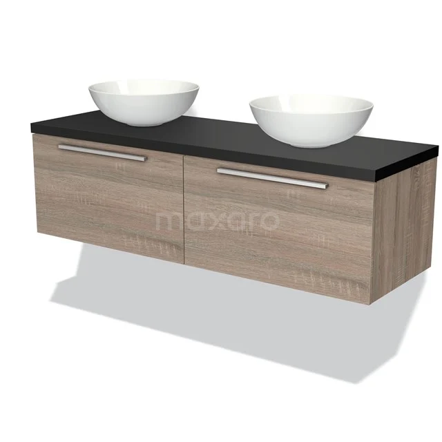 Waschtischunterschrank mit Konsole 140cm Modulo Plato Eiche 2 Schubladen Flach Matt Schwarz Platte BMK12-00751 Holz Badmöbel mit Schwarz Platte und doppelten weißen Waschbecken, modernes Design, ideal für ein luxuriöses Badezimmer.