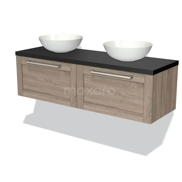 Hölzernes Badezimmermöbel mit schwarzer Platte und zwei weißen Aufsatzwaschbecken, modernes Doppelwaschbecken-Set für stilvolle Bäder.