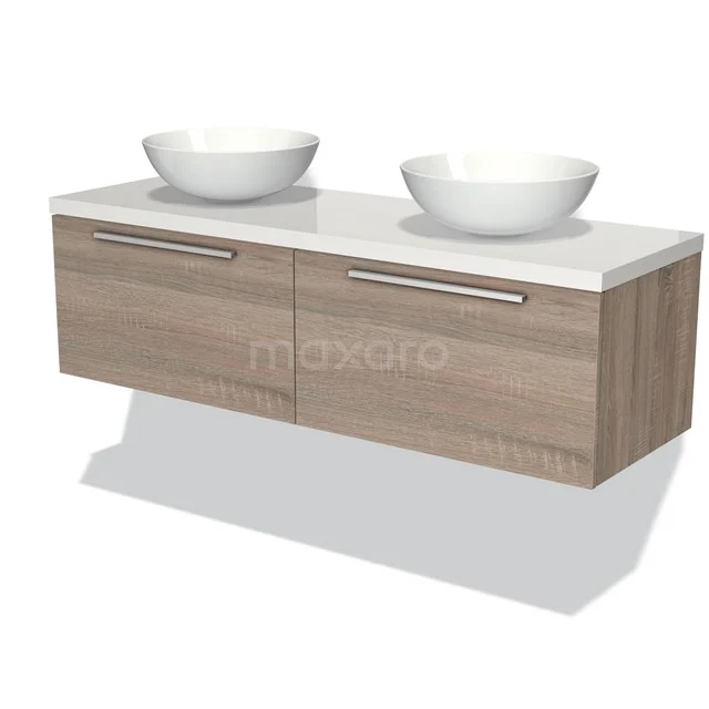 Waschtischunterschrank mit Konsole 140cm Modulo Plato Eiche 2 Schubladen Flach Hochglanz Weiß Platte BMK12-00755 Holz Badezimmermöbel mit Doppelwaschbecken, modernes schwebendes Design, weiße keramische Schalen und minimalistische Haltegriffe.