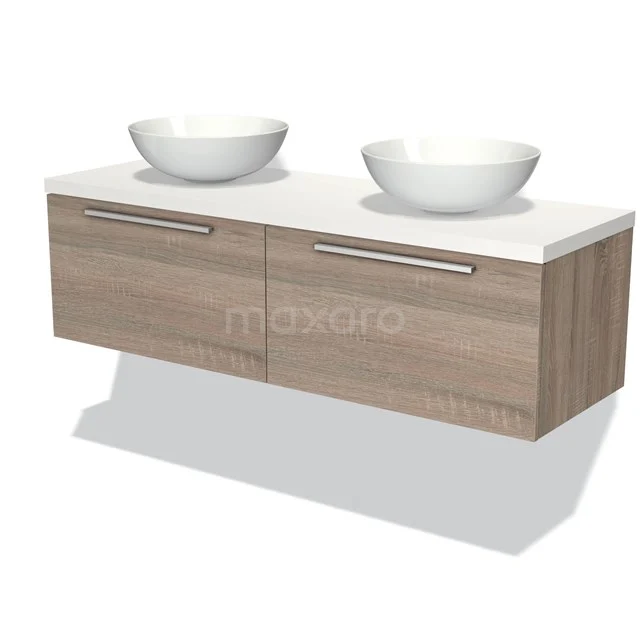 Holz Badmöbel mit zwei weißen Aufsatzwaschbecken, strakes Design und schwebende Montage, ideal für moderne Badezimmer.