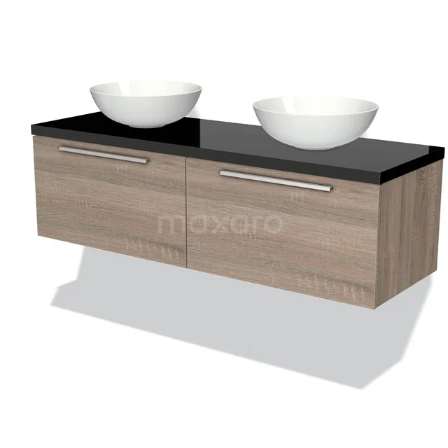 Doppelwaschbecken mit Holzoptik-Unterschrank, schwarzer Oberplatte und zwei weißen Aufsatzwaschbecken; modernes Badmöbel.