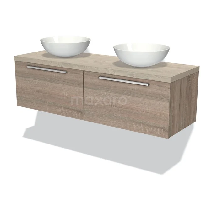 Holz Badezimmermöbel mit Doppelwaschbecken, heller Eiche Oberflächenbehandlung und zwei Schubladen, ideal für moderne Badezimmergestaltung.