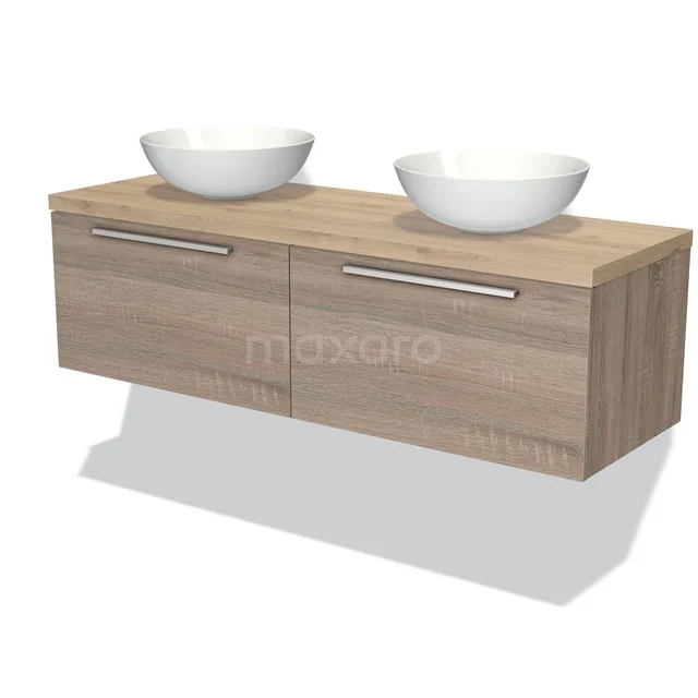 Modulo Plato Badmöbel mit Aufsatzwaschbecken | 140 cm Eiche Flach front Hellbraune Eiche blatt 2 nebeneinanderliegende Schubladen BMK12-00765 Holz-Badmöbel mit zwei weißen Aufsatzwaschbecken, moderne Ausstrahlung und Schublade, ideal für ein stilvolles Badezimmer.