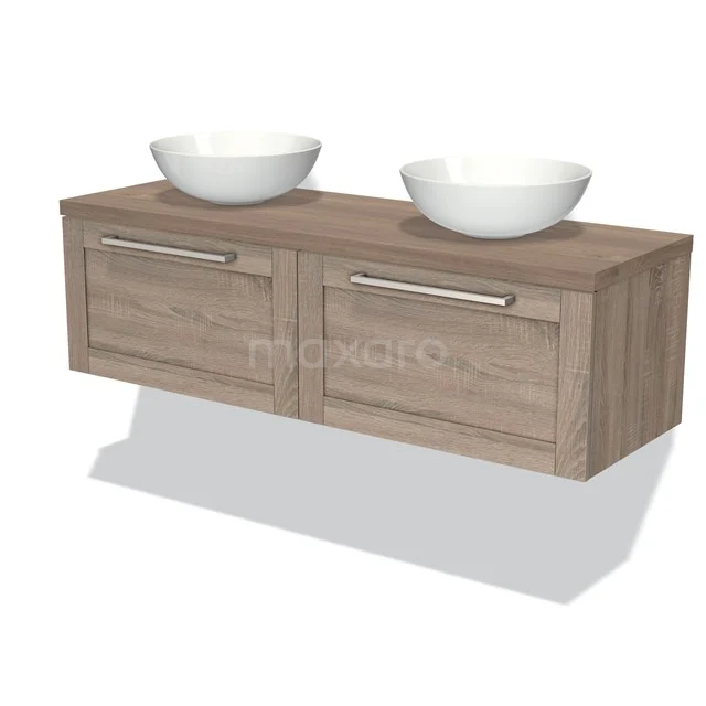 Wooden bathroom unit with double sink design, light Oak colour, including two drawers for extra storage space.