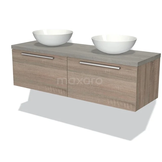 Hängendes Badezimmermöbel aus Holz mit grauer Platte, doppelten weißen Waschbecken und verchromten Haltegriffen; modernes Design.