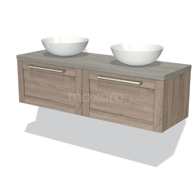 Modulo Plato Vanity units for countertop basin | 140 cm Oak Frame front Grey oak worktop 2 Side-by-side drawers BMK12-00772 Wooden vanity units with double basin, grey top and modern handles, ideal for stylish bathroom design.