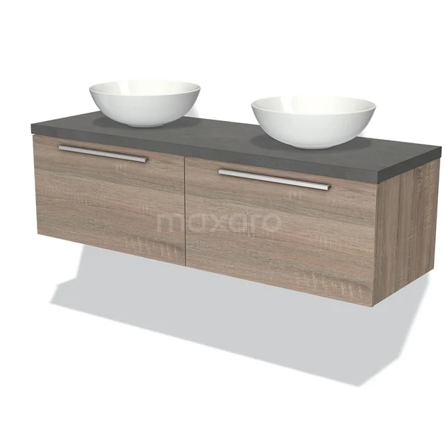 Holz Badmöbel mit doppeltem grauem Waschbecken, modernes Design und platzsparenden Schubladen, ideal für stilvolle Bäder.