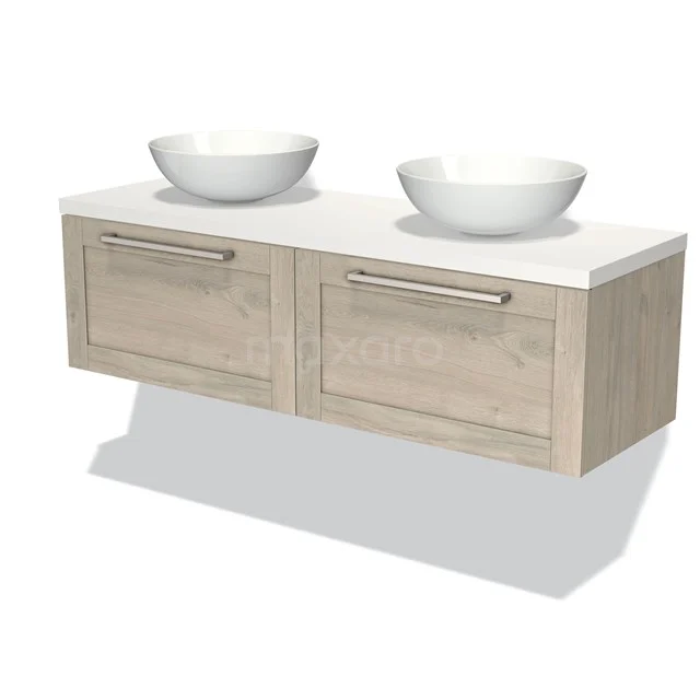 Wooden vanity units with basin, modern design, light Oak finish and white ceramic bowls.