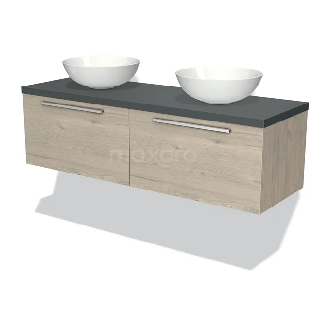 Hölzernes Badezimmermöbel mit dunkelgrauer Waschtischplatte, zwei weißen Aufsatzwaschbecken und doppelter Schublade, ideal für moderne Bäder.